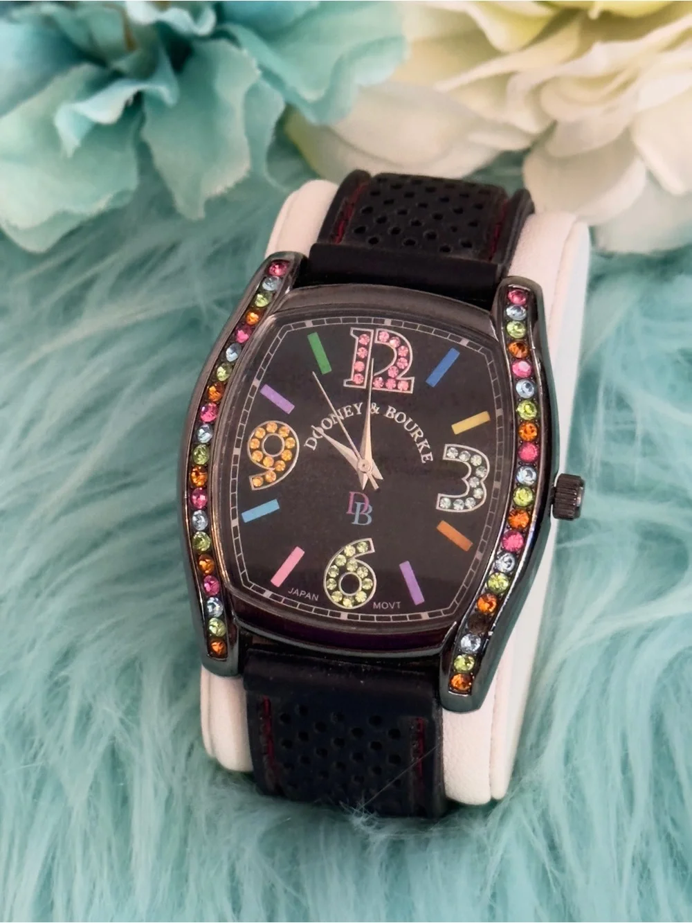 Dooney & Bourke Black Strap Watch with Multicolor Crystal Accents